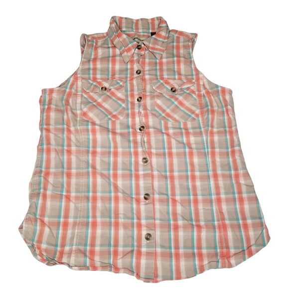Bit & Bridle Womens Large Peach Teal Plaid Sleeveless Button Down Western Shirt - Picture 1 of 7
